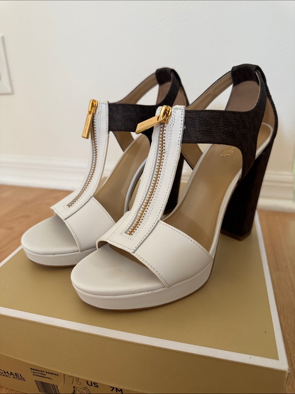 Michael Kors White and Brown Leather Monogram Zip-Heels